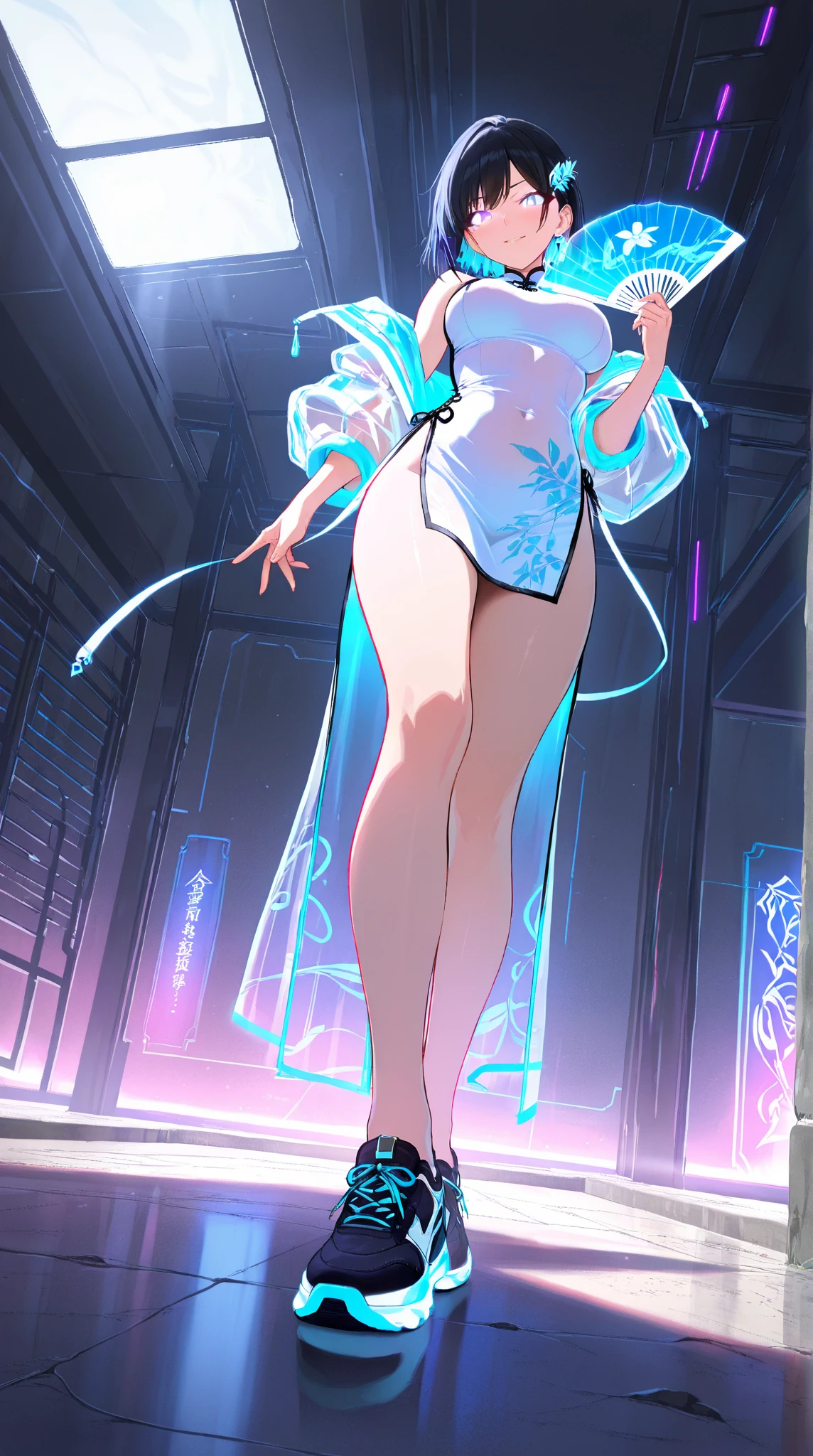 realisticlying, A high resolution, 1 rapariga, White color hair, korean people, eBlue eyes, The transparent cheongsam is flying,Sheer tight-fitting garments,Beads of sweat dripped down the buttocks,Large chest,Wide buttock, your ass,Butt visible,Visible on the back,buttocks visible,Ass pouted,wide wide shot,Cinema lenses,The skin glows,space ship,
