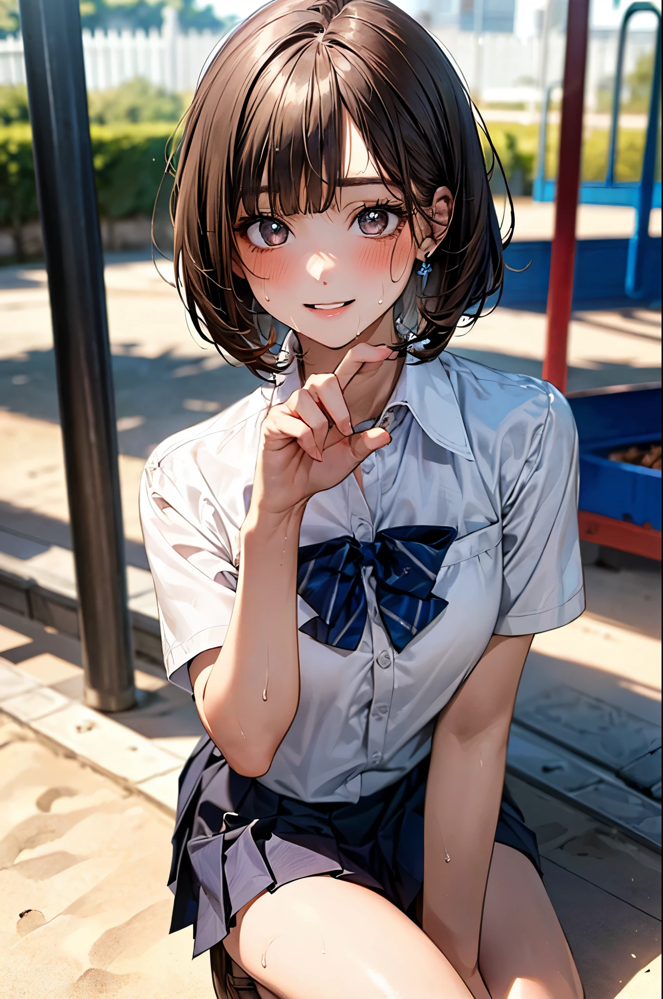 (8K high resolution), (Highest quality), (RAW quality), (Realistic), (Realistic:1.37), ,Big eyes,Long eyelashes,(Small breasts:1.5),(Small breasts:1.5),(Flat Chest:1.5),(My chest is about to swell:1.5),(Skinny girl:1.5),(Baby Face:1.2),(Childish body:1.3),(Childish body:1.5),(very young body:1.3),(Oily and shiny skin:1.3),(13-year-old junior high school student:1.3),The whole body is visible、((Beautiful eyelashes, Realistic eyes)), ((Detailed face, blush:1.2)), ((Smooth texture:0.75, Realisticな質感:0.65, Realistic:1.1,)), Small breasts, Dynamic Angle, Perfect body, ((Red bow tie, , , White shirt, Pleated skirt, Dark Blue Skirt, White sneakers)), dissatisfaction,(:1.8),(Handjob:1.8),