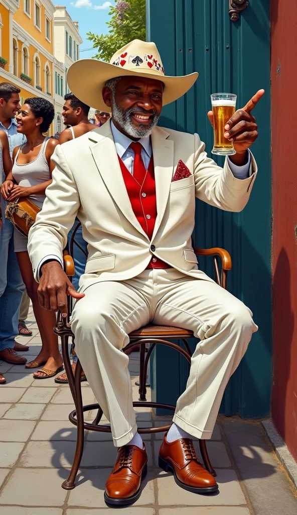 Mr. Zé, a black-skinned rascal with the characteristics of a 50-year-old with his white suit and red tie on the streets of Rio de Janeiro with his white hat with a red stripe, brown eyes and a clean-shaven beard and a cane in his white and red hand and a glass of beer in his hand.