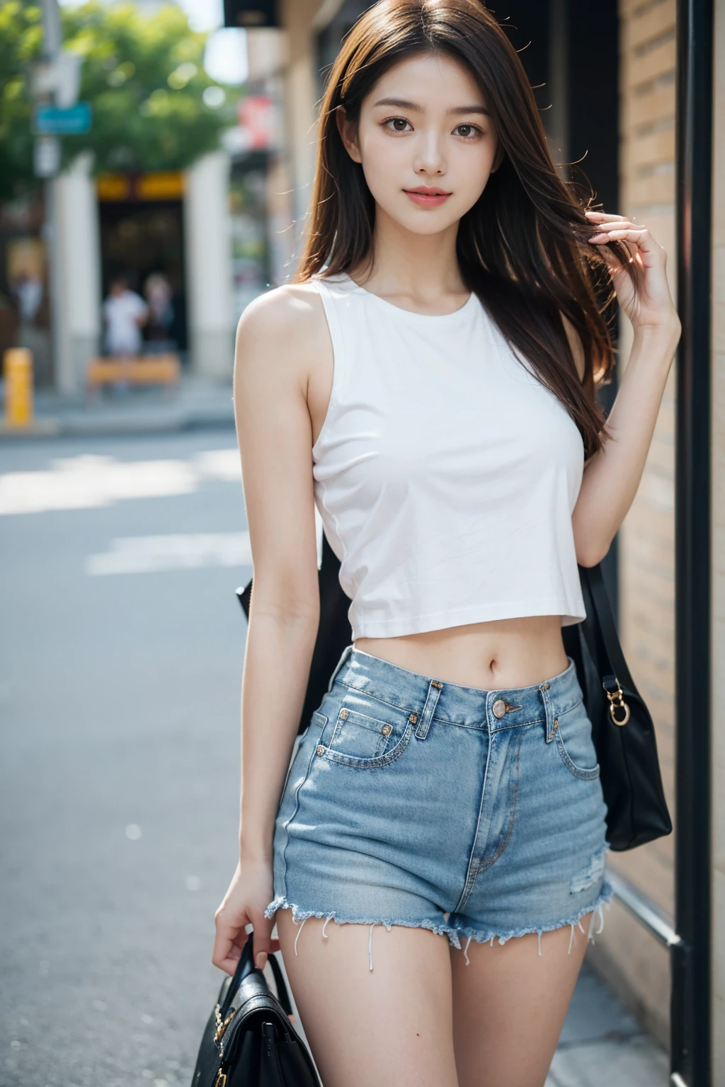 masterpiece, top-quality, 1 beautiful girl, (Detailed beautiful eyes), ((Detailed skin)) , ((Detailed medium hair)), A beautiful girl in jeans tank top jeans, jacket jeans and oversize hight waist jean, walking arow  in the coffee blue , CG rendering, Blurred background, deep shadow,  16K, bokered,   Very detailed, wallpaper, depth of field, movie light,, Ray tracing.