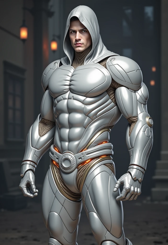 Arad man in pure white clothes stands in the sunny forest, American round head, Buzz Cut, tall and burly, muscular male hero, muscular! Wearing sunglasses, white spandex high-stretch tights, super buff and cool, high resolution committee, character design police, military boots, charismatic strong male with spandex high-elastic tights, sunlight shining through the gaps in the woods