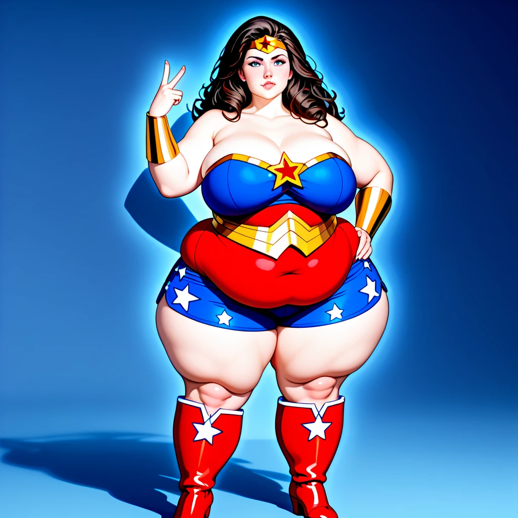 Gorgeous and sultry busty athletic (thin) smirking brunette with sharp facial features and a (big hair) and (huge boobs) wearing a star-spangled bikini, Americana, swimming pool.