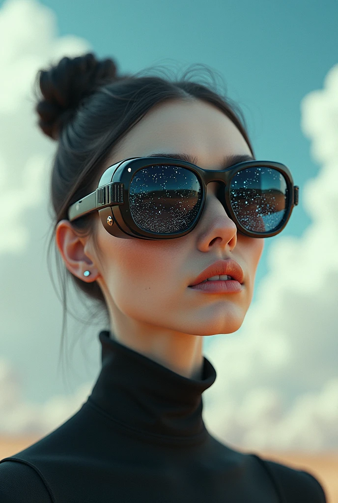 The model is wearing glass sunglasses with stars and the moon on the glass