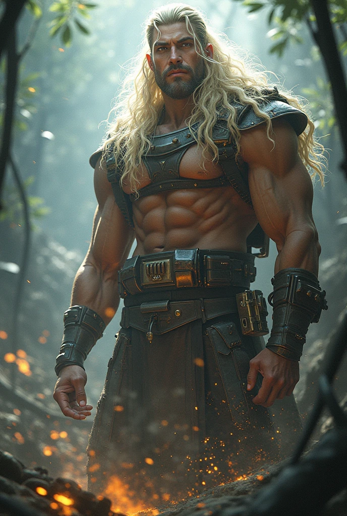 Thor stands posing, details modern clothing, HDR, UHD, 64K, highly detailed, professional photography , sketch style, ink scratches, sharp lines, trending on artstation, realistic engine, vivid colors , high resolution scanning, The camera details everything, Moonlight highlights your muscles and scars. The scenery is lush and mysterious, with a dark city and surroundings. The camera details everything.