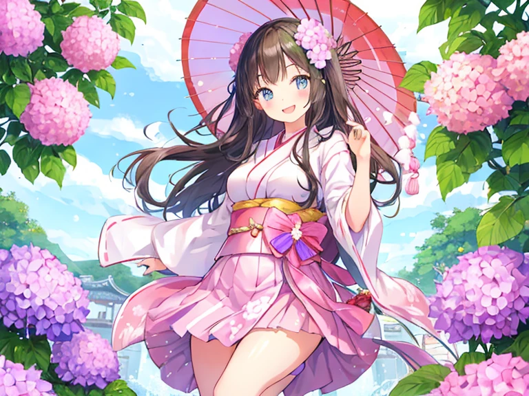 best quality, masterpiece, highres, solo, {yukata:1.40}, {kimono:1.20}, {shizuko_bluearchive:1.15}, long_hair, hair_ornament, maid_headdress, purple_eyes, blush, brown_hair, halo, twintails, open_mouth, flower, hair_flower, animal_ears, swimsuit, bikini, breasts, small_breasts, smile, bangs, frilled_bikini, cat_ears