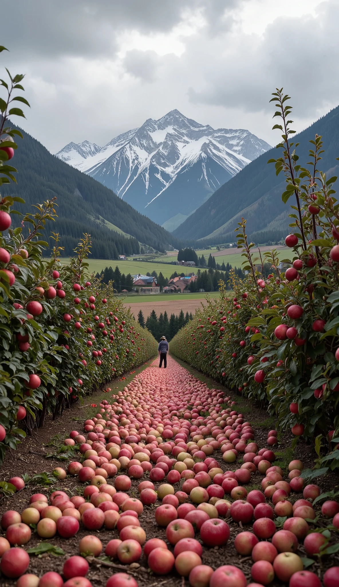 BEAUTIFUL, REALISTIC, MASTERPIECE, 8K, image in perfect 8k resolution quality, impressive, incredible vibrant colors, perfect colors, ultra realistic, a LARGE and real plantation of SUCCULENT RED APPLES, beautiful EUROPEAN landscape, MOUNTAINY field, COLD, HARD RAINY winter, there are beautiful TREES FULL OF APPLES, vast COLD field, LOTS OF RAIN, VERY cloudy SKY of the mountainous and icy interior of GERMANY, a beautiful landscape WORTHY OF CINEMA, real plantation, HARD WINTER, IT IS VERY COLD, in a few points we see workers WEARING CLOTHES collecting APPLES, the sky is VERY CLOUDY and RAINY, beautiful very large fields, STUNNING PERSPECTIVE a GREAT MASTERPIECE!