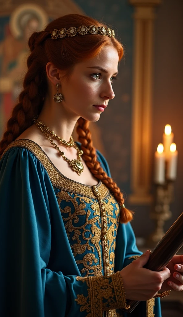 Princess Olga Yaroslavna (detailed description: early 30s, auburn braided hair, emerald green eyes, wearing gold-embroidered blue Byzantine-style dress) solemnly handing a sealed scroll to German envoy in a candle-lit throne room, mosaic of Yaroslav the Wise visible in background, ultra-realistic medieval atmosphere, 9:16.