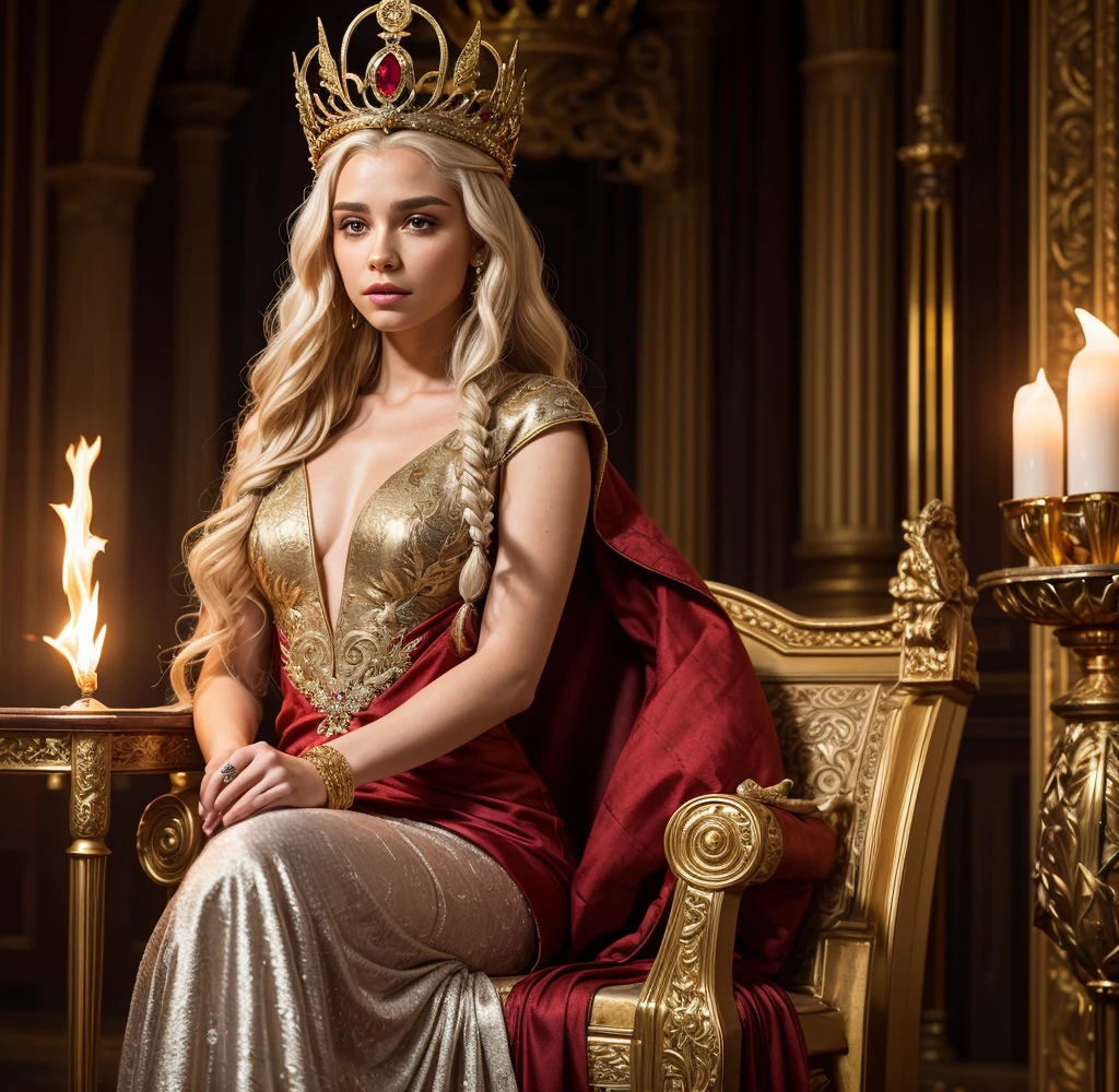 photo by AnnaSophia Robb, highres, masterpiece, 1girl, solo, best quality, realistic, long blonde hair upsweep,
palace, throne room, sitting on the throne,
Goddess cosplay, (scarlet costume), bra and thong
(big body), sexy figure,((big big tits)) (cleavage), sexy abs, navel, open legs, big ass, (Sexy woman), (long hair), (30 years), smile, excited,
4K, HDR. by (James C. Christensen:1.2| Jeremy Lipking:1.1).
