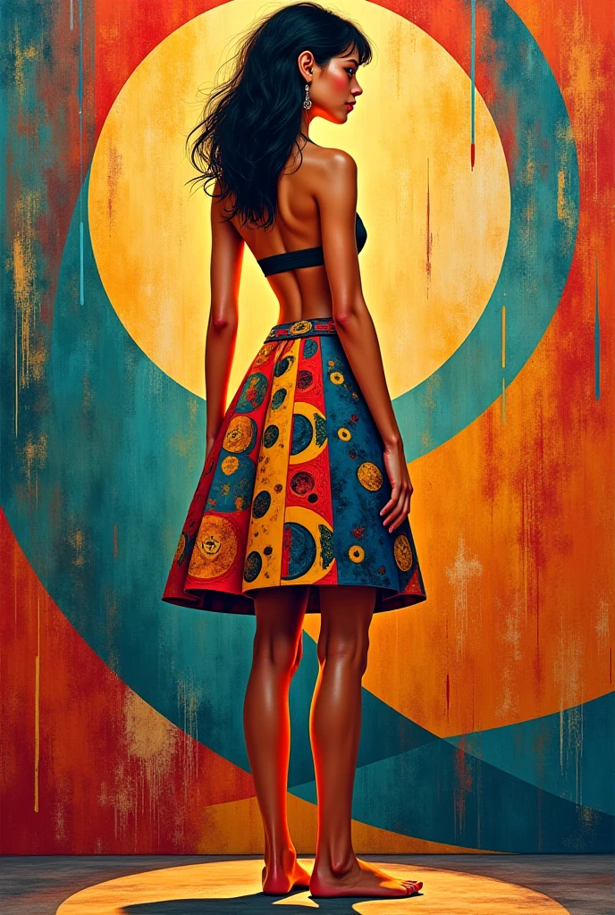 Create Ixchel in cubist style — An artist and weaver who paints murals and wears skirts decorated with moon motifs. In the Futurist Era 