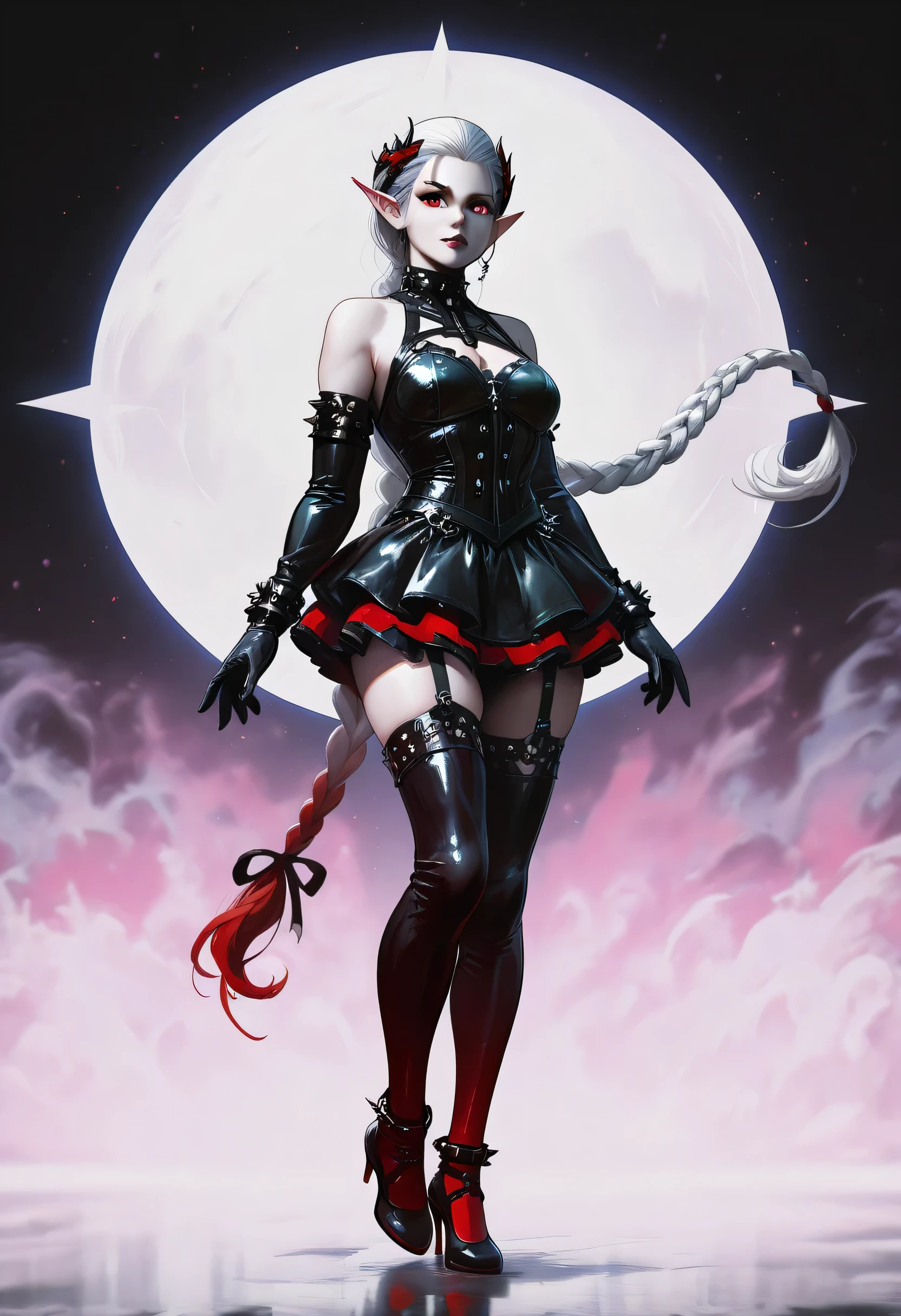 score_9, score_8_up, score_7_up, (masterpiece , UHD , 8K , 16K , ultra detailed) goth black and white anime full body portrait  (only colors red and black, pink: 1.4), a picture of a olo goth elf dominatrix queen , best detailed face, small elf ears, long braided hair, hair pulled back, red eyes, small pointed ears wearing latex pink mini dress, stockings, high heels, modern bedroom background, (black and white art: 1.5) mostly black and white, best details, best quality, 16k, masterpiece, best quality, (extremely detailed), ultra wide shot, photorealism, (only colors red and black), vampyfangs1, fantasy, Cinematic Shot, d4f4b