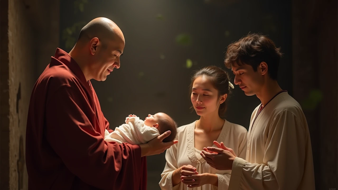 Create a realistic thumbnail for a YouTube video illustrating the biblical passage: 'Ela ficou grávida e, no tempo certo, deu à luz um filho. Pôs nele o nome de Samuel e explicou: — Eu pedi esse filho a Deus, o Senhor.' The image should feature a woman who is visibly pregnant, with a peaceful and serene expression, standing in a beautiful and lush garden. In the background, include a glowing light symbolizing the presence of God. Also, depict the woman holding a newborn baby, with the baby wrapped in a soft, white blanket. The overall scene should be warm, comforting, and filled with divine light.