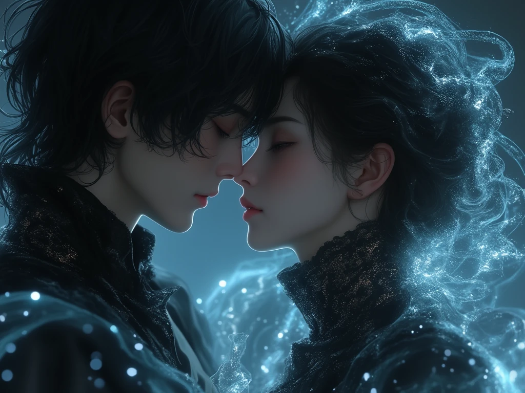 a man with fluffy hair kissing a woman, double exposure collage art illustration, silhouette art, fantasy, hdr, vibrant, surrealism, hyperdetailed, hypermaximalist illustration, art by Anime Key Visual, Japanese Manga, Pixiv, Zerochan, Anime art, Fantia