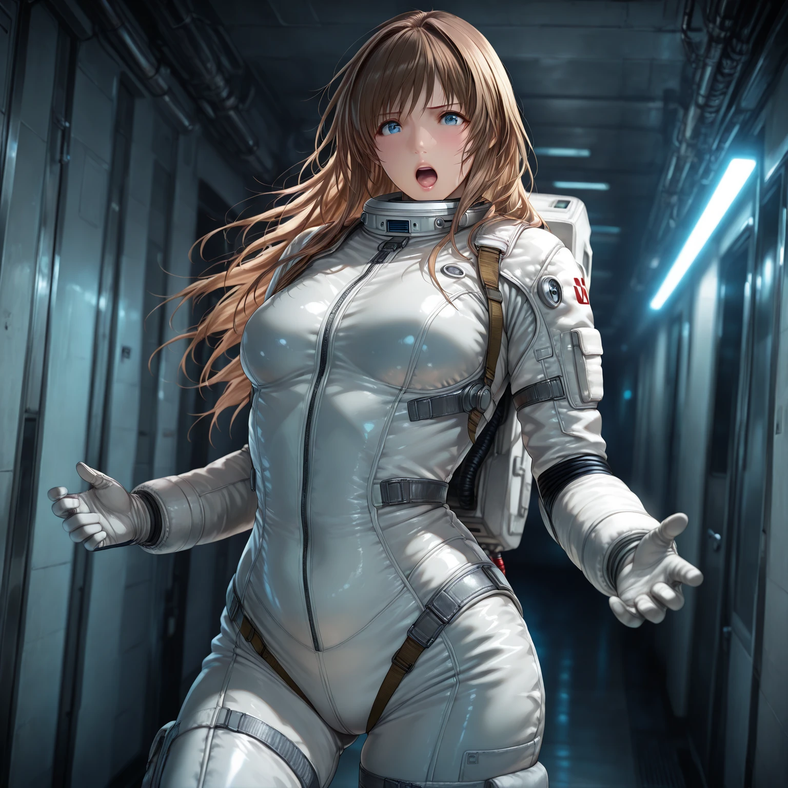 A highly detailed scene in a impressionistic style, cinematic scene of a young girl in micro world, elegant, active angle, dynamism pose, solo, standing, BREAK 1girl, ksayuka, breasts, brown hair, highly detailed beautiful face and eyes, long hair, blue eyes, small medium breasts, perfect anatomy, anatomically correct, realistic, dead or alive, lips, curvy build, open mouth, astronaut suit, BREAK masterpiece, absurdres, newest, very aesthetic, perfect quality, best quality, high quality, amazing quality, great quality, realistic, dead or alive, highres, high resolution, HDR, RAW photo, soft light, absolutely eye-catching, ambient occlusion, raytracing, 3d render