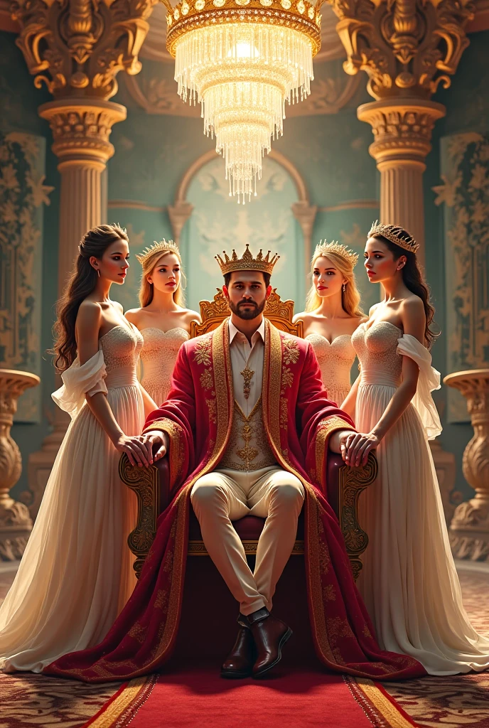  A handsome boy. He is a king. He is in his castle. He sat on his throne chair. He has a crown. He is surrounded by 4 beautiful girls