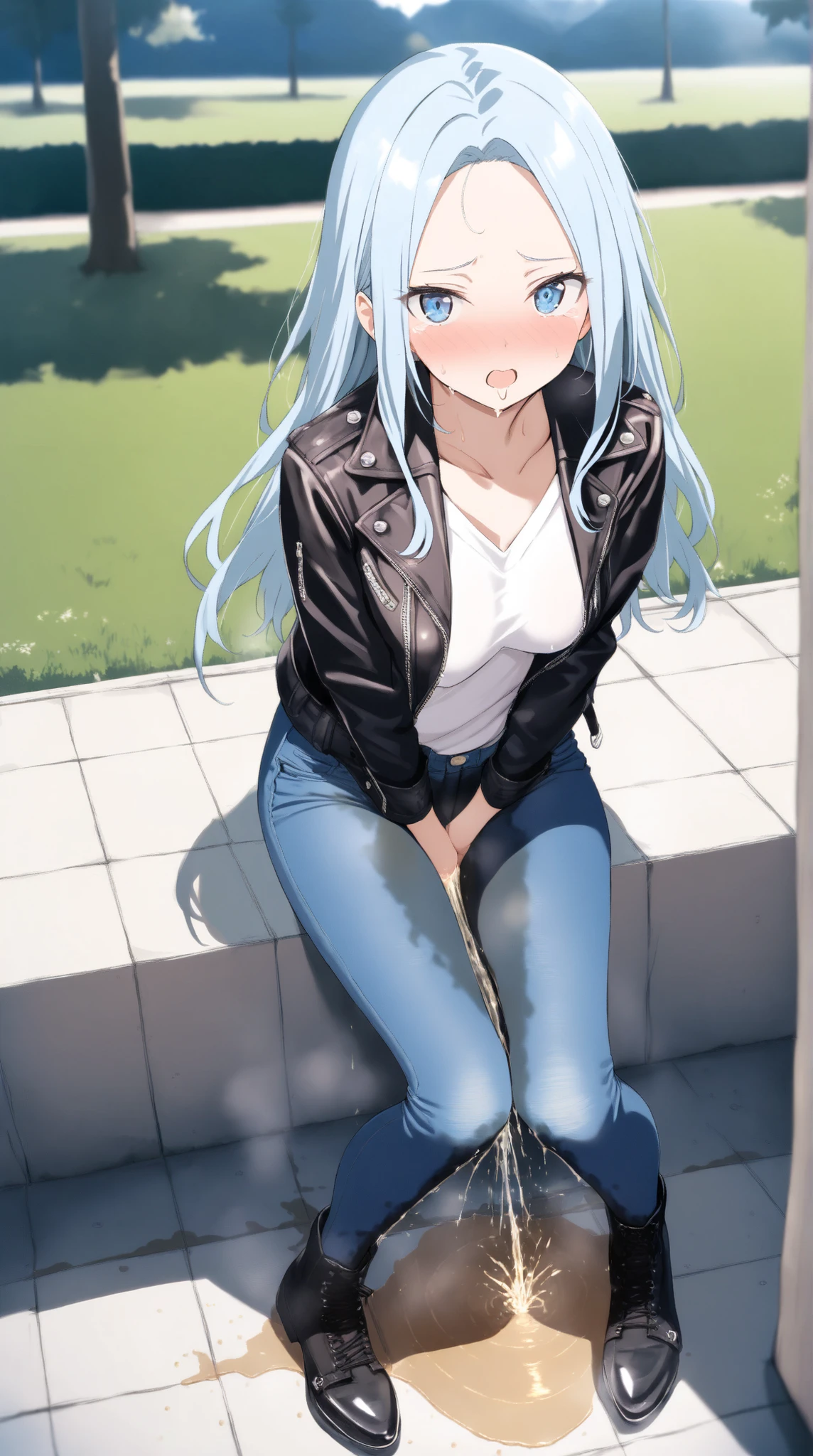 1girl, youthful female, blue eyes, long hair, light blue hair, forehead, (lactation), medium breast, skinny body, (wetting herself), (desperation), large wet pee stain, pee stain visible on her pants, (blue denim skinny pants), white t-shirt, black leather jacket, v-neck, black boots, looking at viewer, outdoor setting, :O, full body, Fashion photography, masterpiece, best quality, high score, great score, absurdres