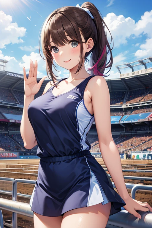 (realistic、masterpiece,Highest quality:1.3,best quality illustration),cowboy shot,1woman,20 year old Japanese beauty,very small head,(short bob brown hair),bangs,brown eyes,gorgeous eyes,blush,smile,.medium breasts,((very long body:1.3)),toned body,slender body,skinny:1.3,(Sports Bikini),gleaming skin,shiny skin,sweat:1.3,standing,Arena、Tokyo、
