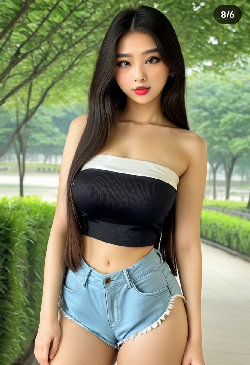 ((((highest quality))))、(((Ultra-precision CG16K wallpaper)))、(((masterpiece)))、(((Super detailed)))、(((super extreme details)))、1people's women、mature woman、25 year old woman、((Japanese face))、((very beautiful face))、((Yoko Minamino:1.5))、((straight semi-long hair:1.3))、(shiny hair)、bangs up to eyebrows、beautiful brown hair、beautiful delicate eyes、brown eyes、raised eyebrows、high nose、small nostrils、small mouth、seductive lips、mouth slightly open、beautiful breasts、C cup size breasts、cleavage、plump body、perfect proportions、perfect anatomy、perfect composition、beautiful detailed shading、beautiful natural lighting、beautiful detail glow、Depth of bounds written、(((High chroma)))、(((real:1.9)))、((vivid:1.4))、((beautiful skin))、((skin texture))、((realな皮膚感))、(((cowboy shot:1.5)))、((Angle seen from the front:1.5))、((smile:1.4))、(Eyes looking at me:1.3)、bright sunshine、(((garden:1.3)))、(standing pose:1.5)、(((Dark gray color rib knit crop T-shirt clothing、Wearing a miniskirt:1.5)))、(((Wearing a choker)))、