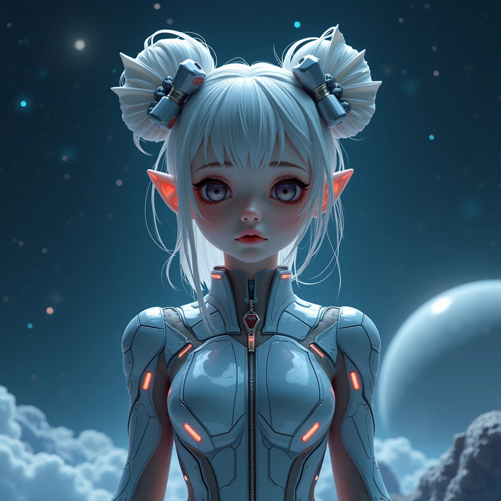 alien girl, sci-fi suit, the bow on her head , space star background.