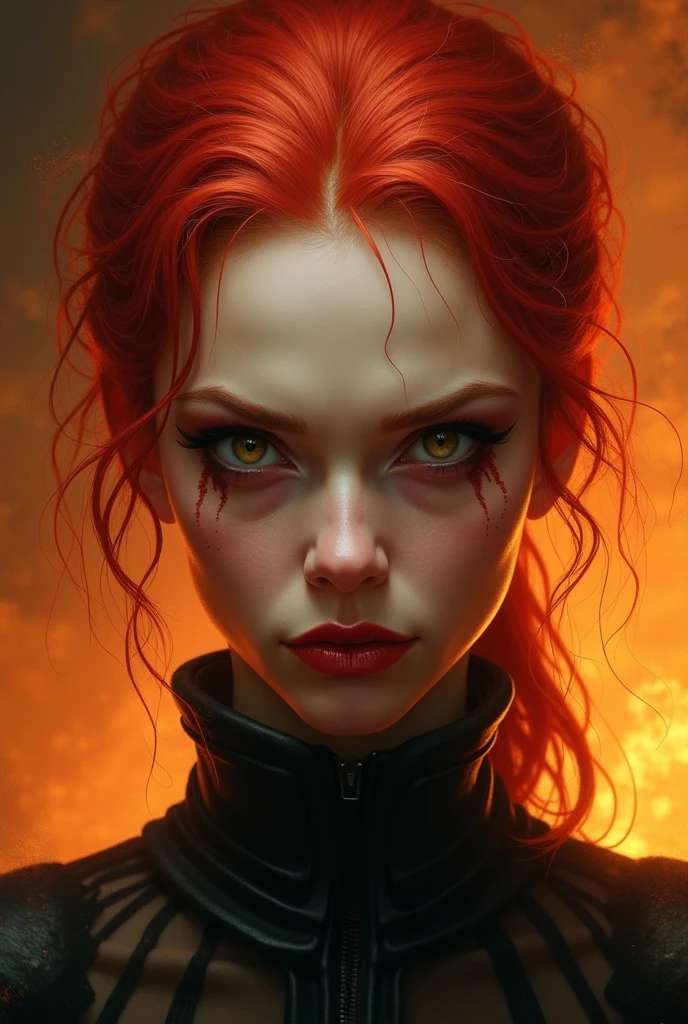 image of arrogant, ugly woman with red plucked hair and thin spiteful lips,who looks haughtily. element of fire