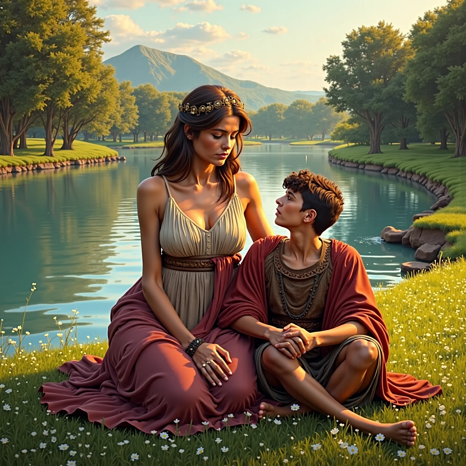 (((realistic images))) ((( masterpiece, best quality ))), ((( high resolution))) (capolavoro) crea: A Greek woman with a very pretty face and dignified expression of the Hellenic era, sitting on a green lawn on the bank of a crystal clear river. a young Greek warrior, stanco, place its head on the woman's lap. (perfect representation of the myth of Etra:1.5).  ancient style , dress (1.3), with ultra-realistic details (realistico:1.4), high resolution, ultra-detailed. Surprisingly detailed illustration, hdr (1.3), concept art in 4k, highest quality ArtCalmV2.”"The river reflects the golden light of sunset, with small waves rippling the water. Intorno, wild flowers and ancient trees complete the scene." “The woman looks at the young warrior with an expression of compassion and strength, while the warrior finally seems to find peace.” "in the background, a sacred mountain rises, symbol of the presence of the gods in the scene.”
