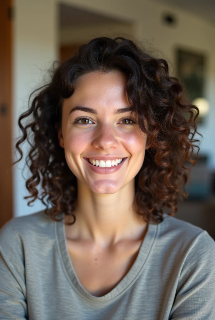 Maja 18, teen, photo, beautiful face, light brown curly hair, bright colors, medium breasted, big cleavage, smiling, wearing clean black t-shirt, hand selfie