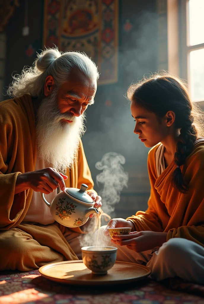 Realistic image of a wise sage pouring tea from teapot to overflowing tea cup hold my young student in ashram in kitchen and the student is anxious 