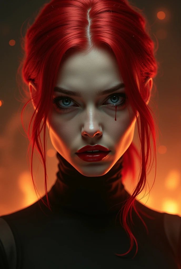 image of arrogant, ugly woman with red plucked hair and thin wickedly clenched lips,who looks haughtily at. element of fire