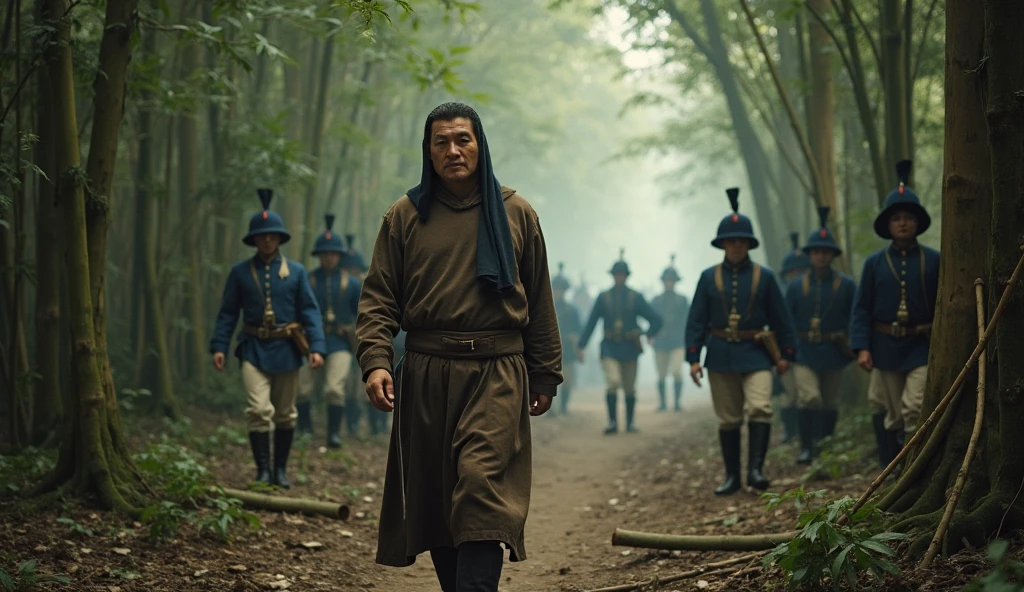 Ancient Chinese soldiers meet ancient European soldiers in the jungle，Weapon each other against each other，The atmosphere is intense，