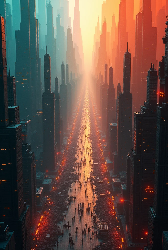 A crowded futuristic city, split vertically: right side in warm colors (red, orange, gold), left side in cool colors (blue, teal, silver), top-down perspective, intricate details, cinematic lighting, 8K, digital art."*