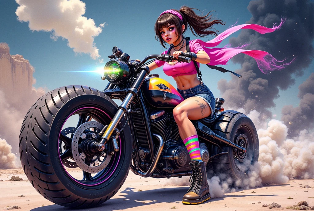 ((1girl, solo ,alone, long hair, black clothes, pink lipstick, Nico Robin, woman, (one piece) , dynamic pose,fitness, gold bracelets, ruby earrings)), ((solo, 1woman, pink lipstick, Extremely detailed, ambient soft lighting, 4k, perfect eyes, a perfect face, perfect lighting, a 1girl)), austere, ((blue bikini, leaning on the motorbike, motorcycle, avenue, city, skyscraper, leather boots, leather jacket, black jacket, clouds))