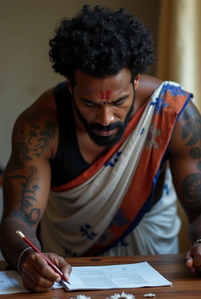 Srilankan tamil man reading sapiens tamil book and near he have aggressive wolf pet