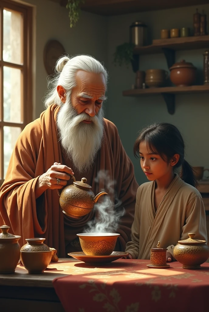 Realistic image of a wise sage pouring tea from teapot to overflowing tea cup which is full hold my young student in ashram in kitchen and the student is anxious 