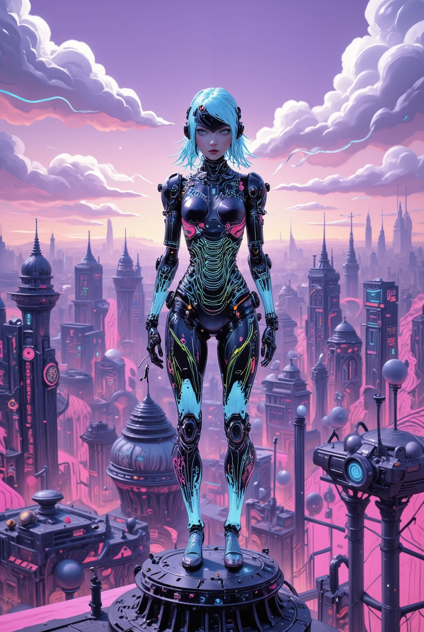 A sweet, weightless young cyborg girl with a translucent polymer body showing glowing biomechanical insides, stands bent on the roof of a tall building in a city similar to Tel Aviv, with pink and purple stripes, decorated in soft rounded shapes with large spheres resembling candies or balloons, creating a whimsical atmosphere of ren's games. A cyborg girl holds a lollipop in her mouth. Synthetic muscles pulsate with blue light, and her holographic eyes change colors. Neon hair flows like liquid electricity. A cybernetic spine with visible gears, dressed in minimalistic technical clothes. The sunset sky with white clouds is depicted in the background, giving depth to the composition in the style of an unknown artist. Sci-fi aesthetics, ultra-detailed lighting in the form of steam waves, RGB LAB palette, authors Vadim Kashin and Android Jones, 8K". -beginning at 9:16 —v 6.