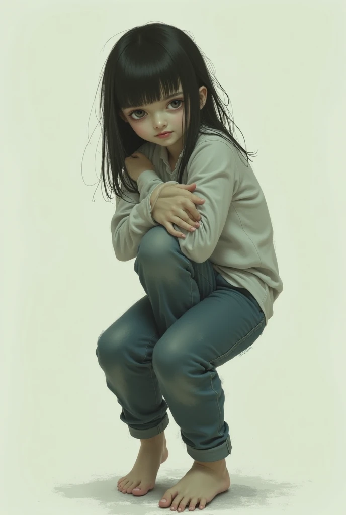 Double ponytailed loli crouched on the ground leaking out of the