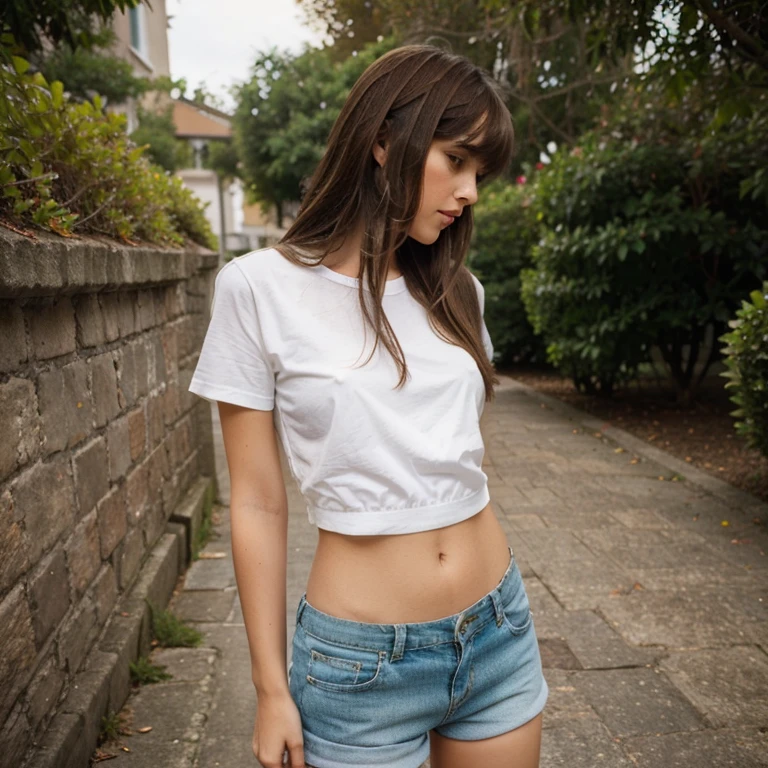 full body wide angle professional portrait photo of a beautiful young spanish lady, slim woman standing in natural pose, front view, challeging expresion, deep look, clear and detailed eyes, slim angelical face, lips closed, blonde short hair, hippy fabric tight mini skirt, white blouse,, sexy casual outfit, perfect chest, slim waist showing, hips and belly buttom showing, sexy black thong straps showing over skirt, lanscape background, depth of field, vanishing point, bright light photo,  real casual photography, natural relaxed pose, realistic natural style, centered, symmetrical, knee-shot from below photo, wide angle, hasselblad helios 44-2 35mm F1.8, by David Lazar and Joel Santos