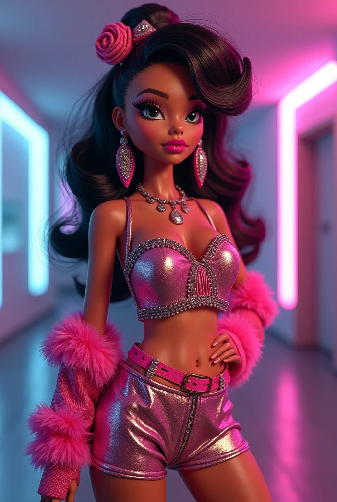 A ultra-realistic Bratz doll inspired by Lizzo, closely resembling her actual physical appearance. Lizzo has a deep brown complexion, full-figured body, curly voluminous hair, oversized almond-shaped eyes, full pouty lips, and a small Bratz doll nose. She is wearing a glamorous, sparkling sequined bodysuit with dramatic sleeves and thigh-high boots. The background is vibrant with stage lights and a lively concert atmosphere, capturing Lizzo's confident and empowering presence.
