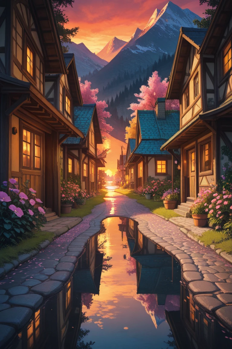 Small village by the river, mountains in the background, colorful pink flowers, detailed landscape, beautiful scenery, atmospheric lighting, scorching sunset, warm colors, practical, photography, detailed foliage, intricate buildings, cobblestone street, charming country house, swirling bright colors, dense vegetation, water reflections, picturesque, perfect, artwork, best quality, 8k, highly detailed, anime style