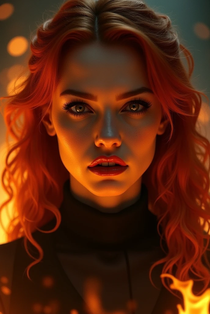 image on menacing, mean redhead woman,arrogant, with red plucked hair and thin lips,who looks haughtily at. element of fire