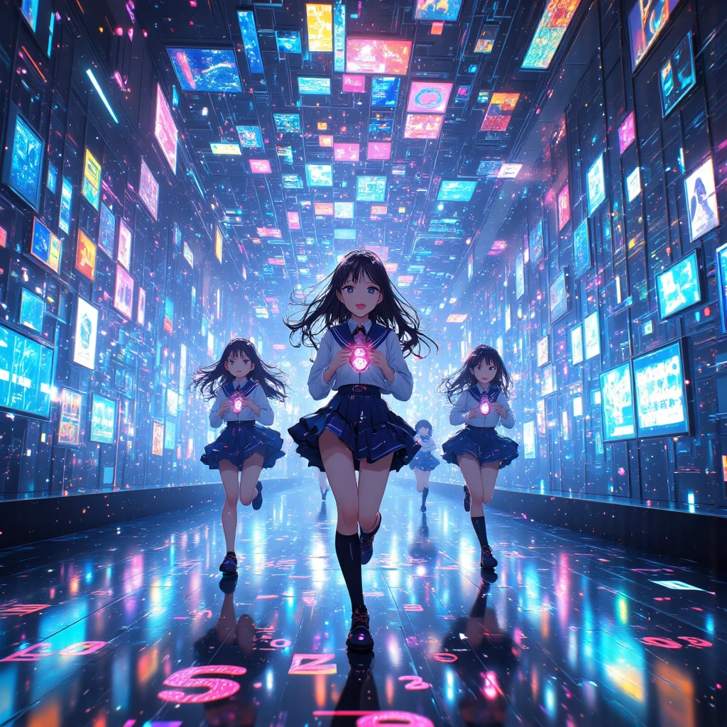 (The most amazing scene ever created:1.0), (Fantasy art:1.0), (Masterpiece:1.0), (Best Quality:1.0), (amazing quality:1.0), (sharpest focus:1.0), (Ultra-realistic Photo:1.0), (Ultra-precise Photo:1.0), 
(Depth of field:1.0), (super fine:1.0), (16k:1.0), (incredibly absurdres:1.0), (extremely detailed:1.0), (delicate and dynamic:1.0), (very aesthetic:1.0), (absurdres:1.0), (beautiful face and eye:1.2), (perfect anatomy:1.2), 
(Anime style:1.2), (Macro photo of CPU manufactured with state-of-the-art process:1.0), (Girls running in all directions in a circuit:1.2), (Girls wearing dazzling electric shocks:1.1), 
(Holding glowing alphabets and numbers:1.3), (Lines of light running around:1.0) 
Exquisite light reflecting diffusely and intricately in the glass, A myriad of seven extremely colored shimmering colors, flickering in the transparent glass, 
Beautiful countless 7-color flashing lights, The theme of the space is seven shimmering colors of light, and you can feel the endless depth of the space, 
Vibrant colors, Mystical beauty, Fantastic beauty, unimaginable beauty, beauty beyond imagination, Overwhelmingly written images, 