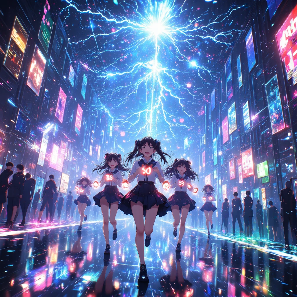 (The most amazing scene ever created:1.0), (Fantasy art:1.0), (Masterpiece:1.0), (Best Quality:1.0), (amazing quality:1.0), (sharpest focus:1.0), (Ultra-realistic Photo:1.0), (Ultra-precise Photo:1.0), 
(Depth of field:1.0), (super fine:1.0), (16k:1.0), (incredibly absurdres:1.0), (extremely detailed:1.0), (delicate and dynamic:1.0), (very aesthetic:1.0), (absurdres:1.0), (beautiful face and eye:1.2), (perfect anatomy:1.2), 
(Anime style:1.2), (Macro photo of CPU manufactured with state-of-the-art process:1.0), (Girls running in all directions in a circuit:1.2), (Girls wearing dazzling electric shocks:1.1), 
(Holding glowing alphabets and numbers:1.3), (Lines of light running around:1.0) 
Exquisite light reflecting diffusely and intricately in the glass, A myriad of seven extremely colored shimmering colors, flickering in the transparent glass, 
Beautiful countless 7-color flashing lights, The theme of the space is seven shimmering colors of light, and you can feel the endless depth of the space, 
Vibrant colors, Mystical beauty, Fantastic beauty, unimaginable beauty, beauty beyond imagination, Overwhelmingly written images, 