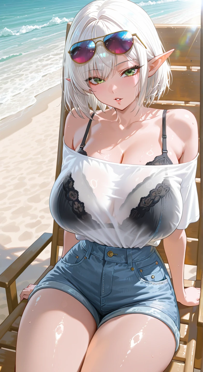 8k, best quality, masterpiece, best quality, clear face, delicate facial features, real skin shine, a cute girl, shy, facing the camera, girl sitting in a bar in a gray fishnet sweater and tight denim, clear bar background, sea view, arms on bar counter, hips, slim body, big breasts, 24 years old, charming, seductive eyes