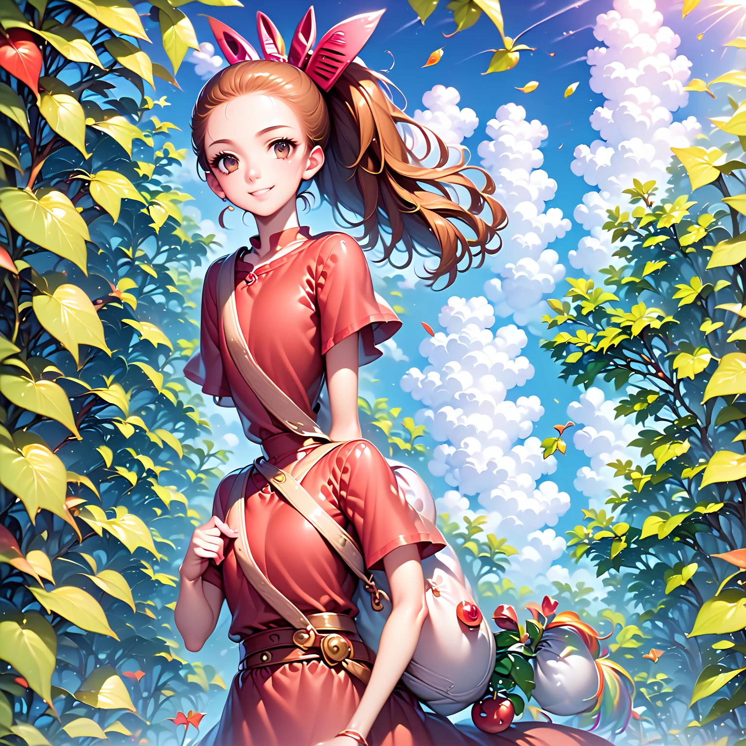 (Masterpiece, Best Quality, 1girl:1.2, 独奏:1.3), adult Lyubava, Milf, in stockings, cleavage, Flirting, evil, стерва. Smile, Long hair, Green eyes, brown hair, braid, ((Little Red Riding Hood with yellow circles)), headdress, Latex dress with red trim, white sleeves, blush stickers, freckles, Sunlight, large breasts, big thighs, thights, Dress, blue skies, green grass, action pose, TITTIES, big breastes, nipples are visible, transparent dress, Little clothes, shoulders visible, big breastes, Ass