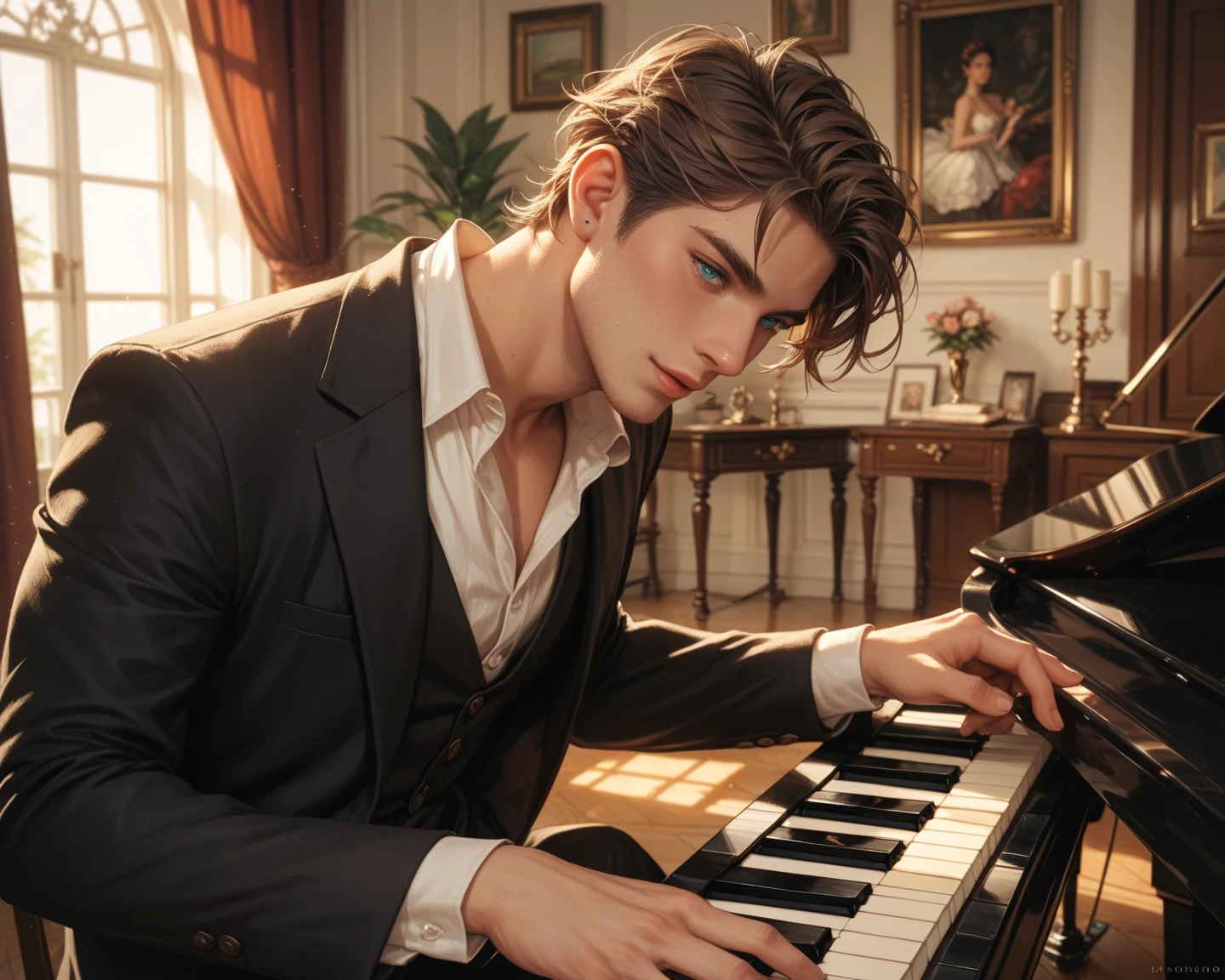 A 24-year-old girl playing the piano with brown hair and green eyes and an elegant man with dark hair and blue eyes