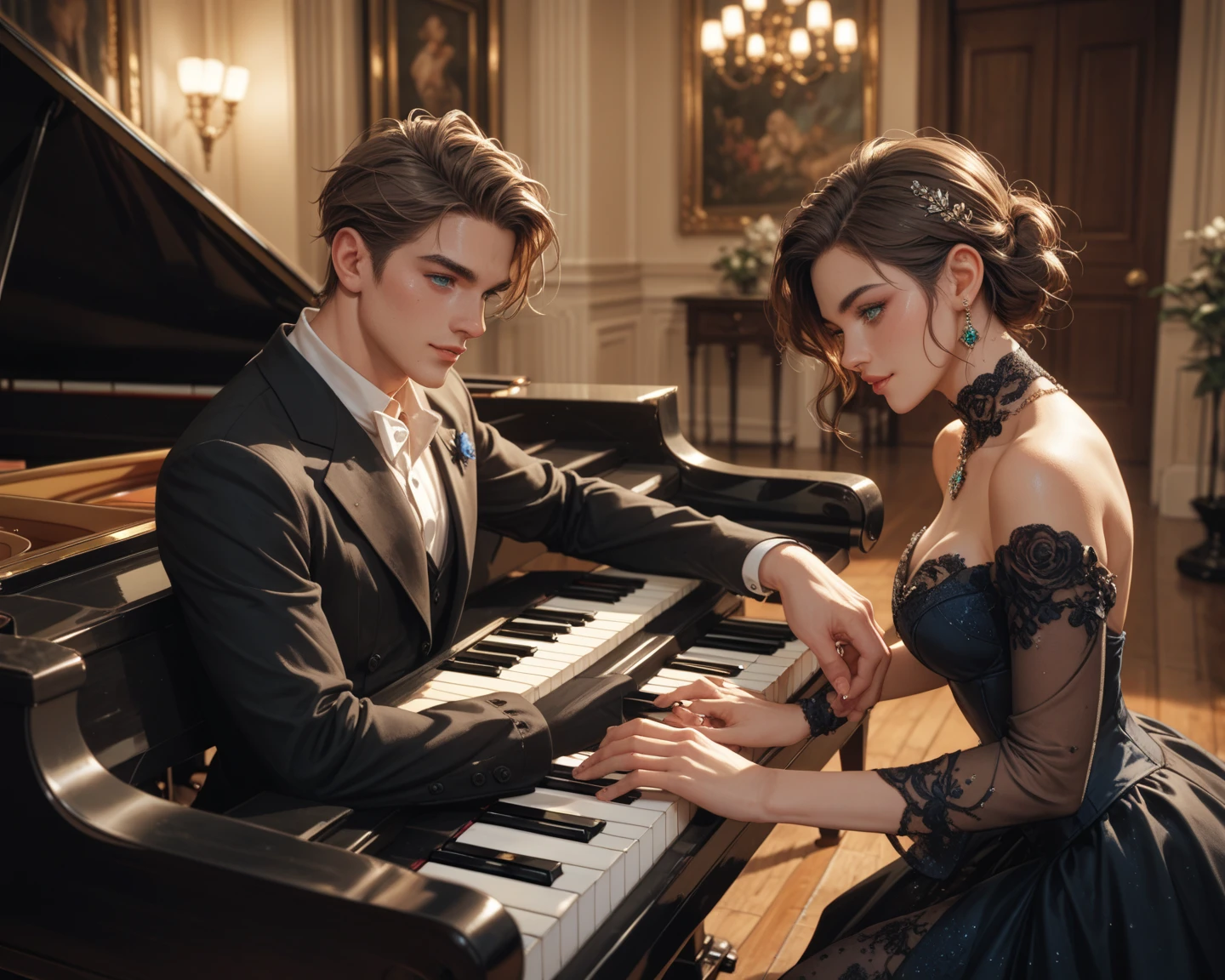 A 24-year-old girl playing the piano with brown hair and green eyes and an elegant man with dark hair and blue eyes