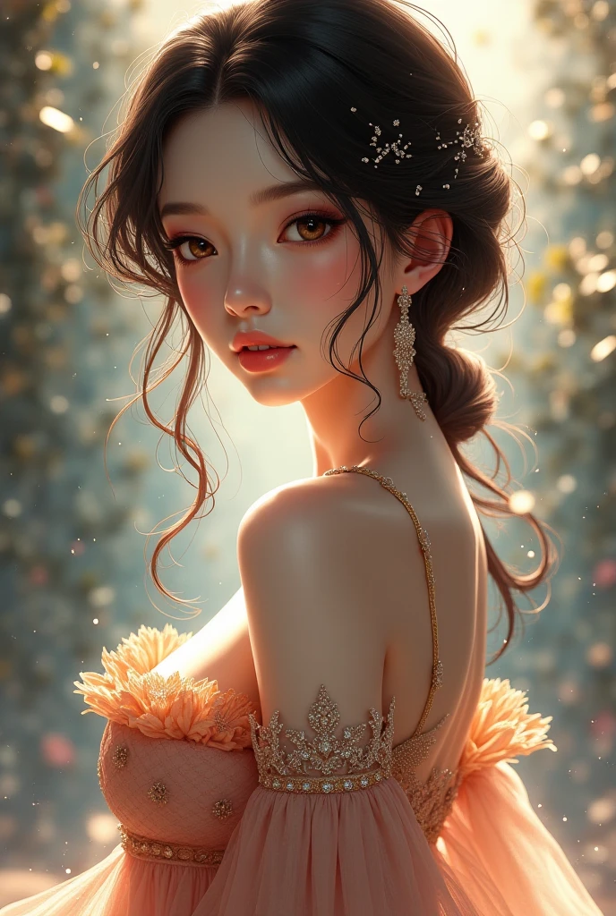 (photorealism:1.2), abstract light and shiny, gold and ink painting, full body view, long flowering curly hair adorned with flowers, Chinese beauty, halter top, large oversized linen pant, Chinese kintsugi patterns, minimalist, under the wisteria flowers, abstract silver-Gray and gold  painting as background, gold kintsugi and splash effects, realistic textures.