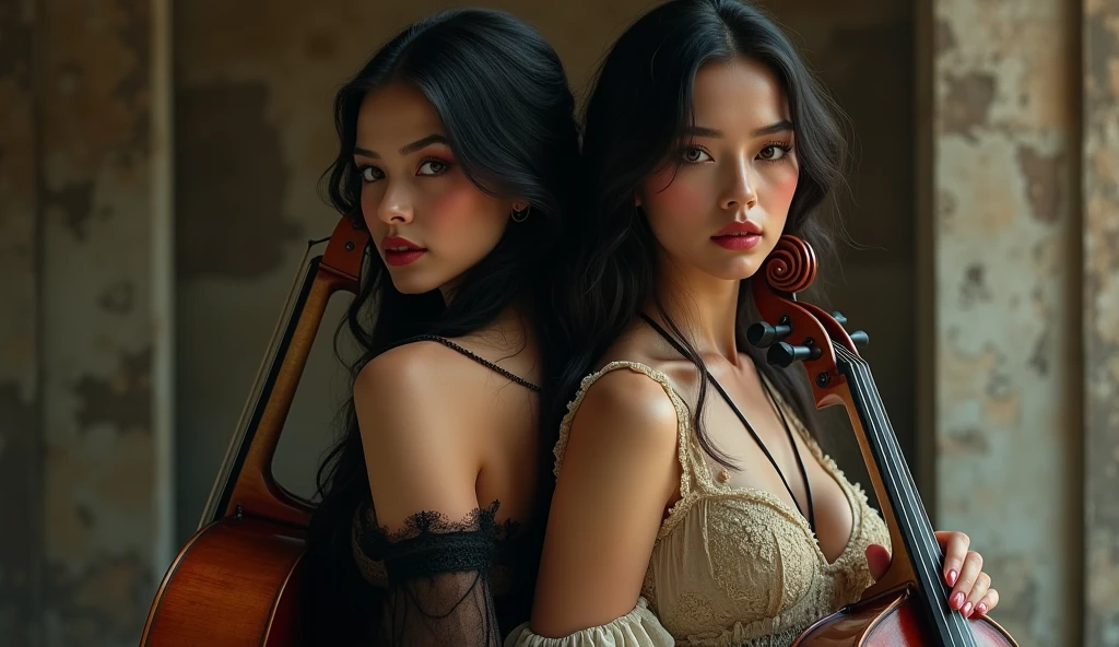 Create a masterful and portentous hyperrealistic book cover of two beautiful women back to back , old clothes,  The first with long black hair is playing a violin ,  brown eyes and pale red lips , with sensual face, big breasts, la segunda de cabello rubio big breasts sensual esta  tocando un cello  en un  fondo un clásico fondo epico que las mujeres esten mas hacia la derecha de la imagen