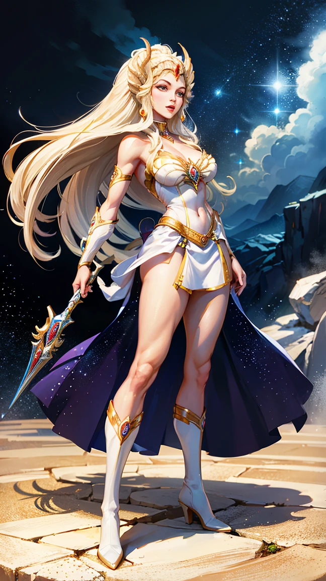 ((Full body photo, standing, feet on the floor))  masterpiece, best quality, high quality, SheRaQuiron character, panties, pink nipples, white robe, golden armor