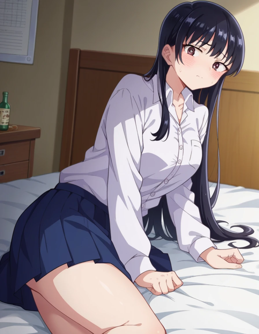 masterpiece:1.6, best quality), finely detailed beautiful eyes: 1.2), colorful, 1girl, school uniform, black hair, sit on bed, bedroom, indoors, perfect anatomy, couple, breastgrope from behind, 1boy, boy is behind girl, buzzcut, brown eyes, school uniform,breast grope from behind, boy caressing girl's body,