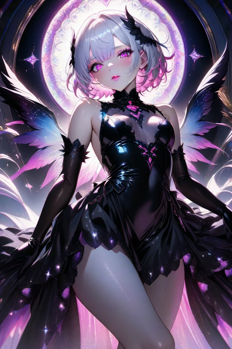 (Best Quality:1.2),1 girl,Alone,standing_to divide,whole body, A photo of a Japanese woman in her twenties made of shiny white and silver translucent glass and plastic., succubus makeup and hairstyle, vampire wings, pink eyes, Silver metal interior, dynamic poses, fluid organic structure, Shiny golden circuit, colorful neon decoration, light emitting circuit, neon decoration, depth of field focus f/2.8, h'until.GOOD. Liver, Greg GOODutowski