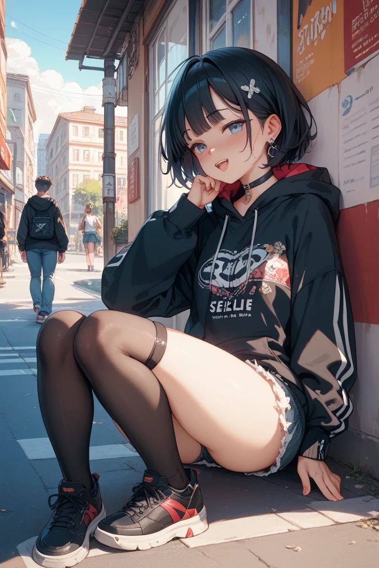 masterpiece、1 female student、Smile、Light pink lips、posing at school,(The whole body is soaked),legs are open, alone, Black polo shirt, looking at the audience, (Thick thighs:1.0),Yazawa Nico,red eyes, Blushed,Blunt hair,hands on hips,greet,Floral headdress,White yoga pants,Cover the bottom with your hands,Backpack,View from behind, (((squatting))),